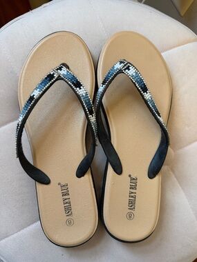 Ashley Blue Tan Footbed Flip Flops with Blue and Black Beaded Straps